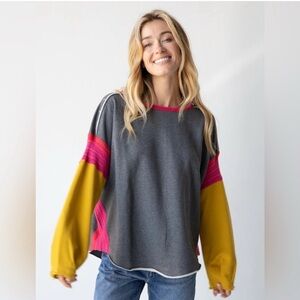 NATURAL LIFE Knit Trim Sweatshirt Oversized Colorblock Gray Yellow Sz L/XL boho